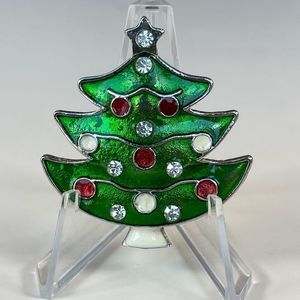 Green enamel Christmas tree brooch pin rhinestone